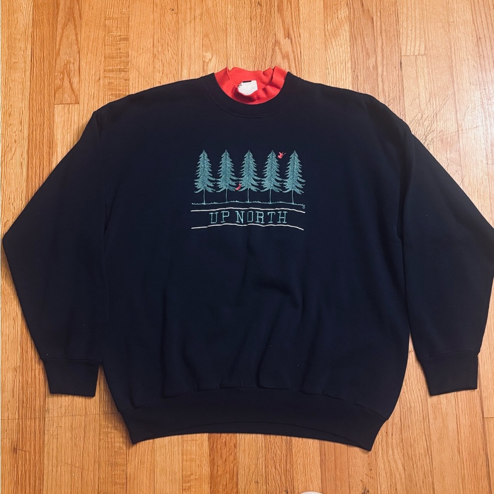Women’s Lee Navy Blue Crewneck Sweater with Green Trees Size 2x